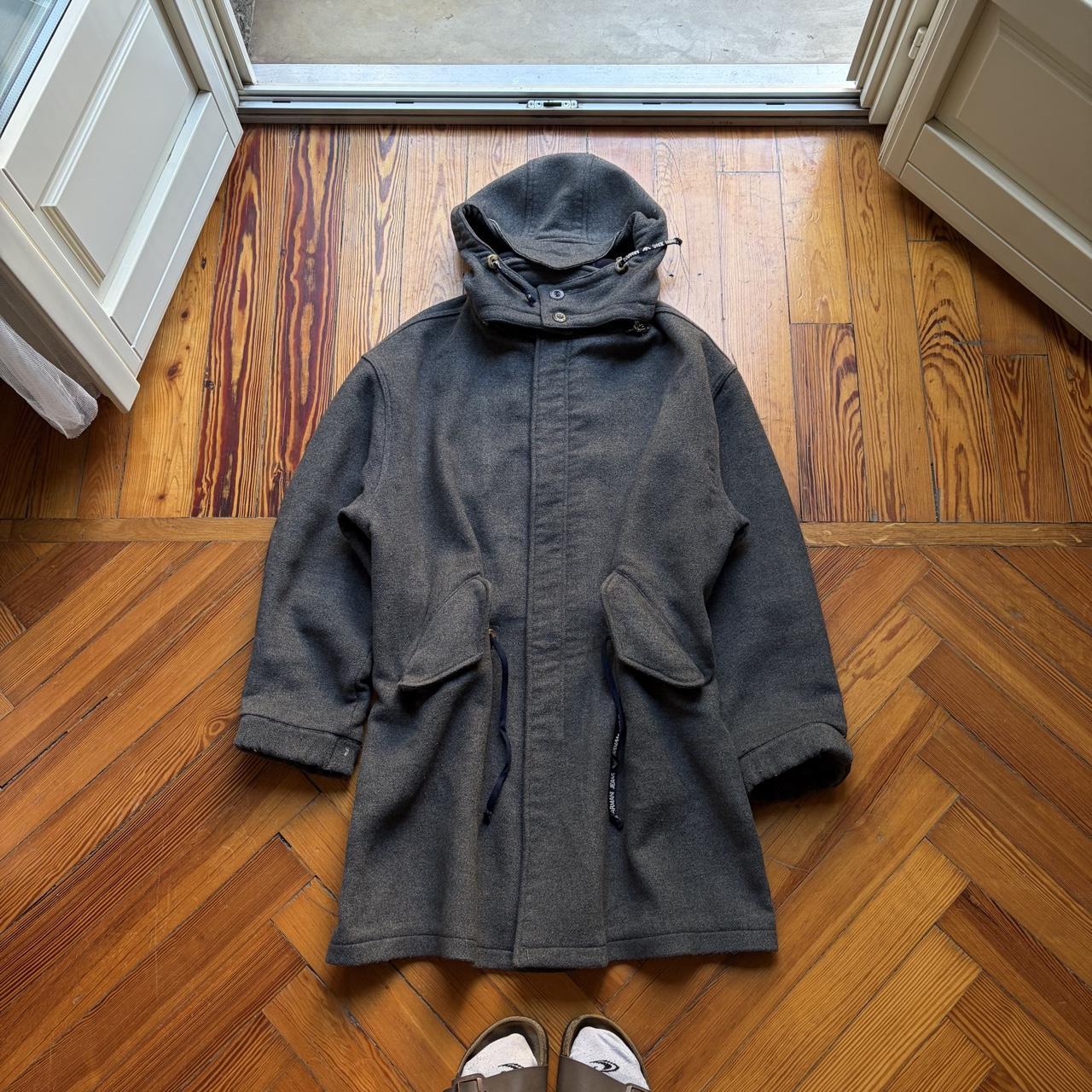 1990s Armani Jeans Wool Trench Coat Grey XXL