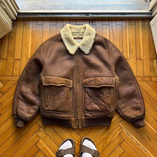 1980s Emporio Armani Leather Shearling Jacket Brown L